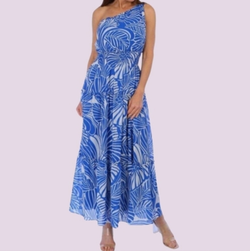 Taylor One Shoulder Tiered Maxi Dress Size M Blue White Floral Grecian Vacation